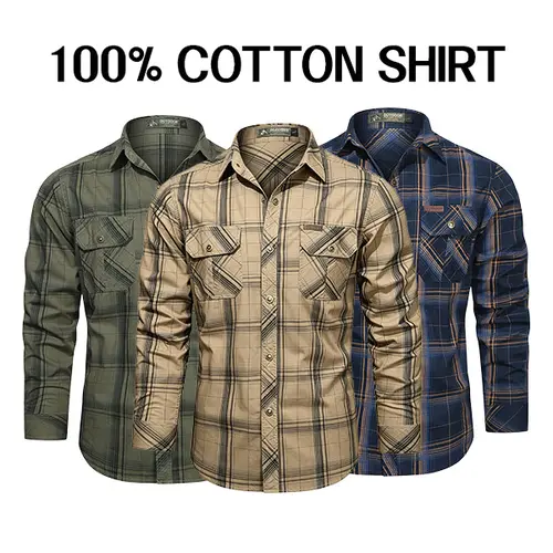 Men’s 100% Cotton Classic Plaid Shirt - Menswear Slim-Fit Long-Sleeve Utility Tops with 2 Chest Pockets, Durable Fabric, Print Design, Versatile for Casual Workwear & Jeans Pairing, Sneakers, Cargo Pants