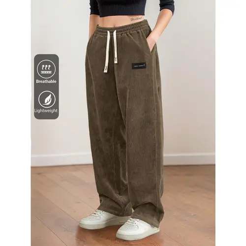Women's Corduroy Straight Leg Pants, Minimalist Fitted Comfy Design, Drawstring Elastic Mid Waist, Versatile Casual Trousers for Daily Wear & Hiking, Perfect for Spring Autumn Women's Clothes, Ladies' Clothing