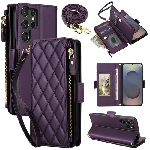 HISTORYOO 9 Cards Slots Holder Wallet Case For Samsung Galaxy S26 S25 Ultra S24 S23 Plus S22+ Handbag Luxury Large Capacity PU Leather Zipper Cash Coin Purse Bag Flip Kickstand Shockproof Full Body Protection Cover Wristlet Wrist Crossbody Lanyard Strap,,