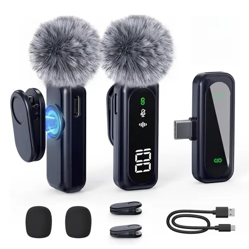 Wireless Lavalier Microphone with Digital Battery Display 360° Omnidirectional Noise Cancelling 100FT Range Rotatable Clip for iPhone 15/16 Android PC iPad Tablet