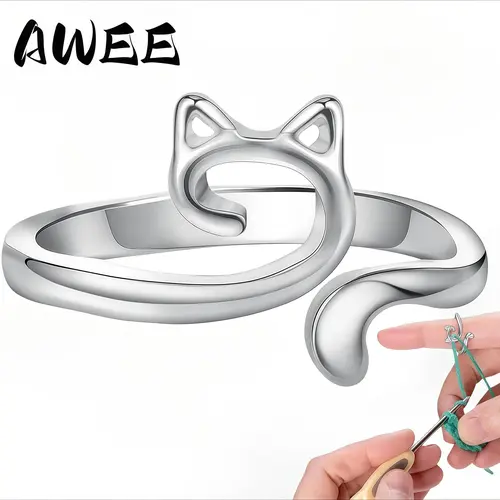 2Pcs Cat Crochet Ring Knitting Tool Adjustable Open Finger Ring Kitten Crochet Hook Ring Perfect Gift for Mom