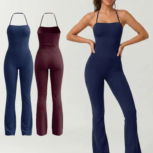 Women's 2 Piece Set Sports Solid Color Jumpsuit, Sporty Yoga Jumpsuit, Sleeveless Halter Neck Cami Yoga Outfit Nylon Spandex Fabric Daily Wear Outdoor Training And Gym Workout Wide Leg Pants All Season Activewear