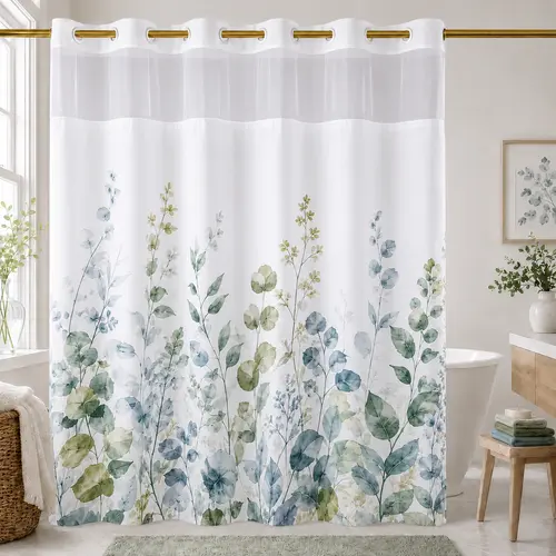 Hookless Shower Curtain with Snap-in Liner, Double Layer Floral Botanical Shower Curtain Set, Sheer Top Window, Waterproof & Washable Bathroom Curtain, 72 x 75 Inch