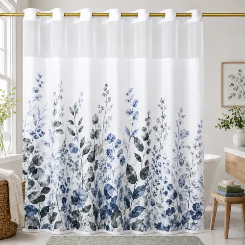 Hookless Shower Curtain with Snap-in Liner, Double Layer Floral Botanical Shower Curtain Set, Sheer Top Window, Waterproof & Washable Bathroom Curtain, 72 x 75 Inch