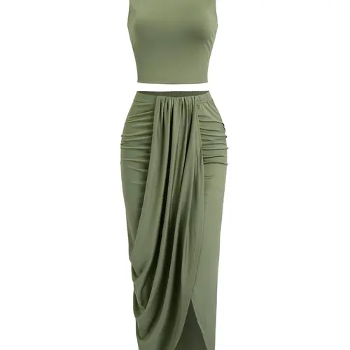 Women's Solid Crop Tank Top & Ruched Asymmetrical Hem Split Skirt Set, Casual Chic Style Mock Neck Sleeveless Top & High Waist Wrap Skirt, Cute Summer Outfit Clothes