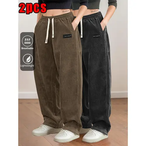 2Pcs Women's High Waist Corduroy Pants, Spring Fall Casual Joggers, Elastic Drawstring Waist with Back Pockets, Loose Fit Solid Casual Trousers for Daily Dating Streetwear Women's Clothing