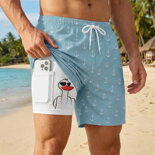 Men's Prank Duck Print 2-In-1 Beach Shorts, Quick-Dry Swim Trunks, With Side Phone Pocket, Drawstring Elastic Waistband, Summer Casual Funny Board Shorts, Pockets Swimming Shorts, Swimwear Beachwear Bathing Suit