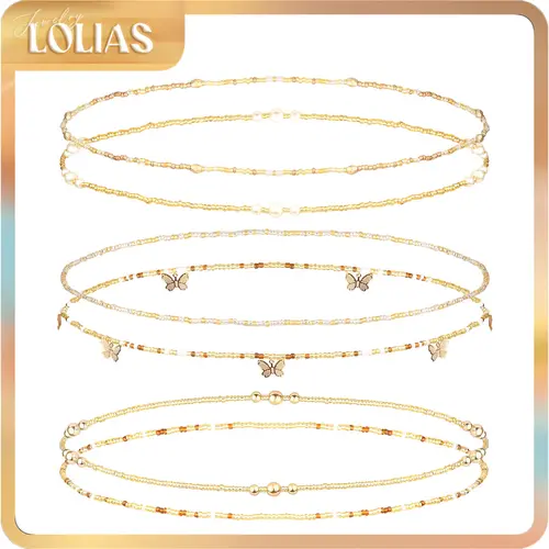 LOLIAS 6Pcs Female Elastic Waist Beads, Casual Daily African Belly Chain, Butterfly Body Chain for Bikini Fashion Costume Jewelry