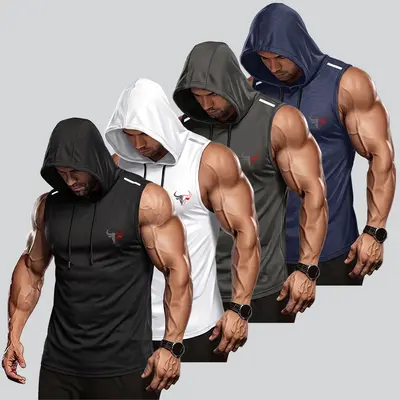 4PCS Men’s Hooded Sports Top, Bull Head Logo on Back, Solid Color Sleeveless Tank with Adjustable Drawstring Cap, Casual Lightweight Men’s Fitness Wear, Cool, Breathable, Quick Dry, Suitable for Gym, Daily Workouts, Running, Cycling.,summerwins