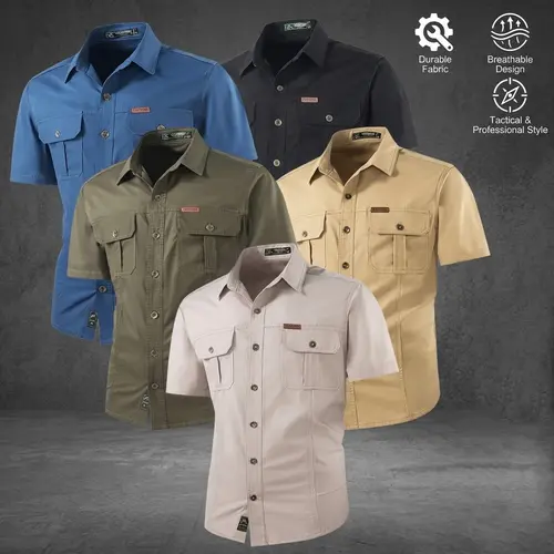Single pack. Men's short-sleeve work shirt, durable workwear. 100% cotton shirt with reinforced pockets, suitable for outdoor activities and everyday casual wear. Outdoor Travel Hiking.Summervibes