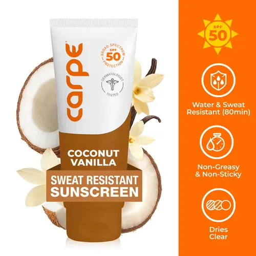 Carpe Sweat & Water Resistant Sunscreen Body Lotion (80 min) - Mineral SPF 50 Sport Sunscreen Non-Greasy with Premium Scents, Scented Sunscreen