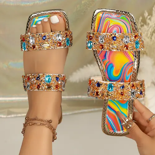 Colorful Rhinestone Fashion Women's Sandals, Sparkling Square Toe Flat Shoes, Beach Vacation Versatile Summer Style, Trendy One-Strap Flip Flops, Beach Footwear