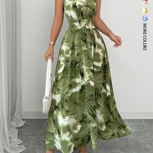 Women's Summer Daily French Resort Style Chic Tie Dye Floral Waist Cinching Back Neck Button Design Halter Sleeveless Boho Fashion Dress, Bohemian Style Sundresses, Boho Printed Dress, Home Outdoor City Casual Versatile Stylish