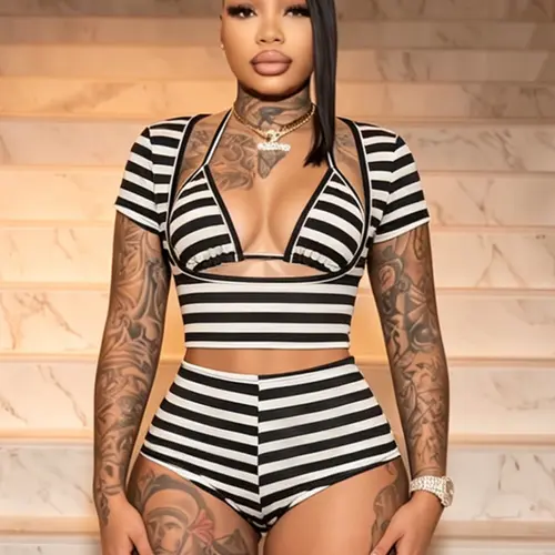 Women's Three-Piece Set, Fashion Clothes Set, Striped U-Neck Short Top & Halter Top & High-Waisted Shorts, Trendy Colorblock Design, Perfect for Parties & Music Festivals