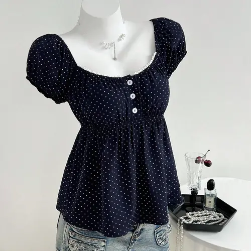 Summer French Polka Dot Square Neck Bubble Sleeve Top, Navy Pearl Trim Babydoll Shirt, High Waist A-Line Casual Slim Fit T-Shirt