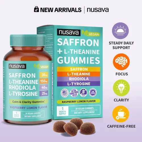 NUSAVA 4-in-1 Saffron Gummies | Calm Clarity & Daily Composure | 30mg Saffron Extract + L-Theanine + Rhodiola Rosea Extract + L-Tyrosine | Vegan Gummies | Caffeine-Free Cognitive Support | 30 Servings