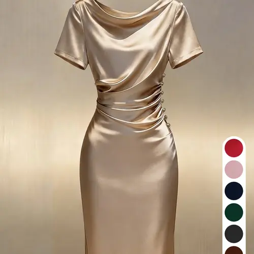 (Size too small, knitted fabric with lustrous texture) Champagne Color Sheer Dress, Elegant Short Sleeve Long Dress, Bodycon A-Line Design, Perfect for Office & Evening Events