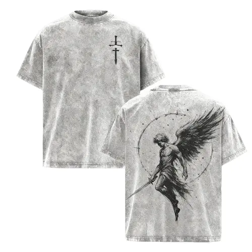 Fallen Angel Sword Washed Tee – Vintage Heavy Cotton Graphic T-Shirt for Men, Oversized Breathable Streetwear Crew Neck Short Sleeve Couple Style Casual Top