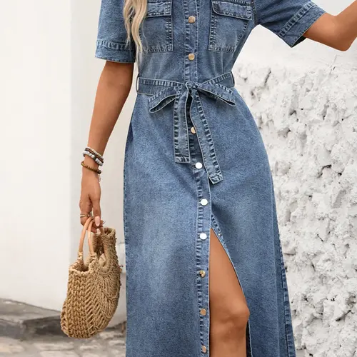 Women's Tie Waist Denim Shirt Dress, Lapel Short Sleeve Front Button Split Midi Denim Dress, Pocket Summer Casual Dress, Casual Wear