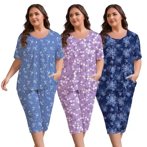 FEREMO Plus Size Floral Pajama Set for Women – Soft Breathable Loungewear with Pockets, Short Sleeve Top & Capri Pants Comfy Sleepwear,Comfy Pajamas for Lounging at Home