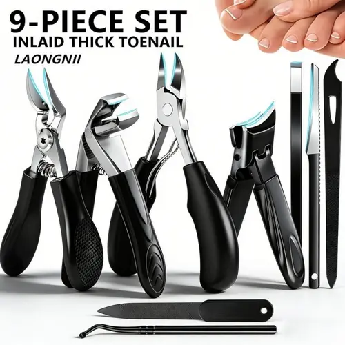 9PCS Stainless Steel Nail Care Toenail Clipper Set - Heavy-Duty Wide Jaw Clipper, Angled Blade, Cuticle Trimmer & Nail File for Thick, Ingrown Toenails, Professional Pedicure Tools for Adults