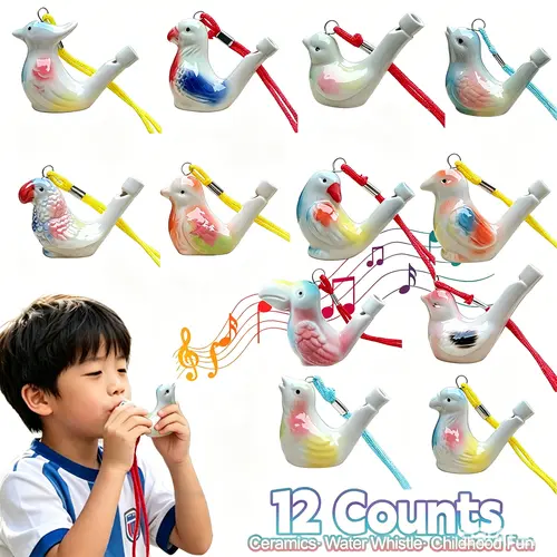 12 Vibrant Ceramic Bird Whistles - Playful Bathtoy Wind Instruments for Kids, Water & Bath Play, Birthday, Christmas Gifts