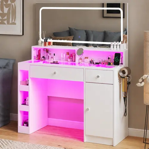 LED Vanity Desk with RGB Light Mirror, Large Makeup Table with Power Outlet & Drawers, Modern Dressing Table for Bedroom, Makeup Vanity With Lights, Lighted Makeup Vanities