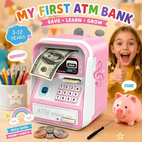 Electronic Piggy Bank for Kids, Password Code Lock & Fingerprint Unlock ATM Money Bank for Real Money, Children Cash Coin Bank Safe Cash Coin Can Toy, Mini ATM Bank for Boys Girls 3 4 5 6 7 8 9 10 11 12 Year Old, Christmas Birthday Gifts, Black/Pink