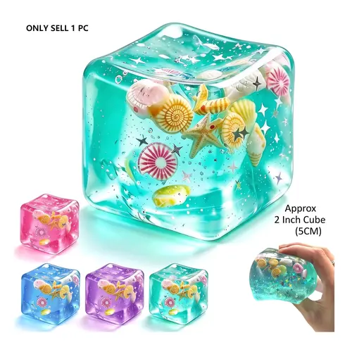 Summer Vibes Jelly Squishy Cube, Transparent Glitter Stress Ball, Slow Rising Fidget Toy for Anxiety & Summer Fun   Cute Ocean Sensory Toy for Kids Adults, Non-Toxic Soft Squeeze Toy, Summer Essentials for Travel Beach Office