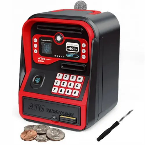 Electronic ATM Digital Piggy Bank for Kids - ABS Money Box, Cash Coin Jar with Password Fingerprint Code Lock, Cool Gifts for 3-12 Year Olds, Black/Pink Home Decor Savings Safe Toy for Birthdays/Christmas