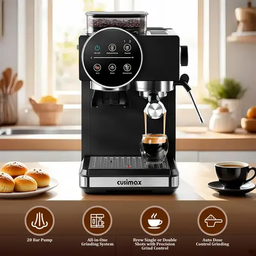 CUSIMAX 20-Bar Semi-Automatic Touchscreen Espresso Maker - Built-in Grinder, Milk Frother Steam Wand, 60oz Removable Water Tank, 1350W Fast Heat, US Plug, Ground Coffee Compatible for Home Baristas, At Home Espresso Machine,SummerFinds