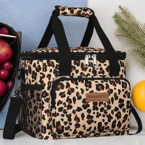 Leopard Print Large Lunch Bag for Women & Men, Reusable Insulated Cooler Tote Bag with Adjustable Shoulder Strap, Thick Nylon Durable Bento Bag for Work Office, Large Capacity Waterproof Thermal Crossbody Picnic Food Organizer with Mesh Pockets