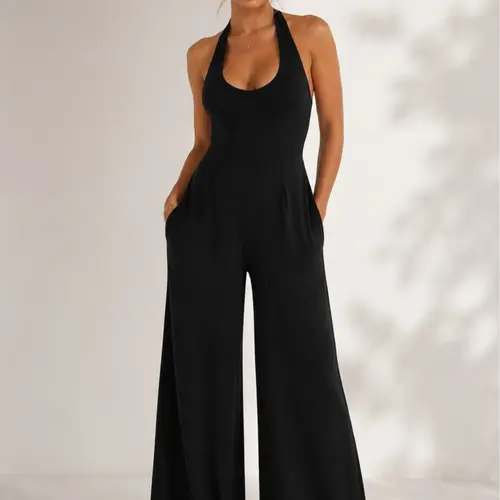 Women's Elengatine Sexy Black Halter Polyester Overalls - Deep V-Neck Backless Wide Leg Romper, Sleeveless Slim Fit 1-Piece, Chic Baddie Style Elegance, Party & Club Wear Backless Design Jumpsuits & Rompers