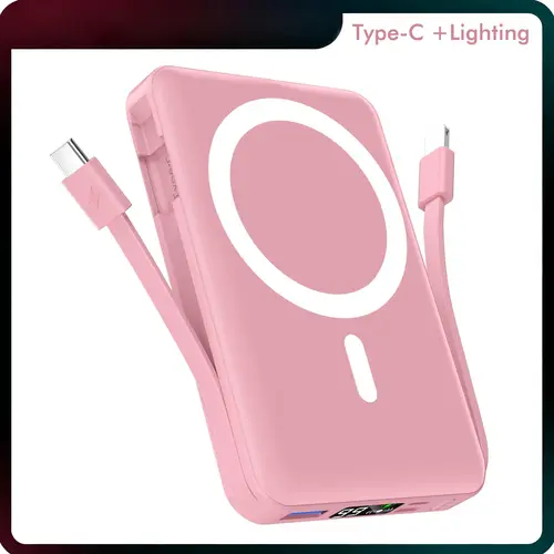 Podoru 5000-10000mAh Silicone Magnetic Mobile Portable Charger - EDC Gear, 15W MagSafe Wireless, 20W Fast Charging, Built-in Lightning & USB-C Cables, LED Display, for iOS iPhone 17/16/15/14/13/12, Back to School, Accessories