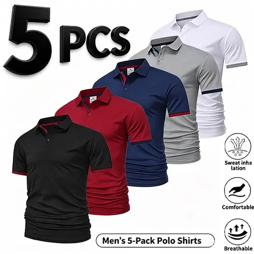 Men's 3&5 Pack Slim Fit Contrast Cuff Polo Shirts, Breathable Sweat Wicking Stretch Golf Business Casual Tops