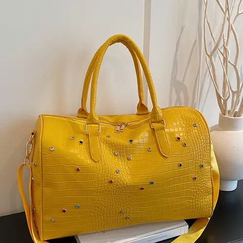 Bright Crocodile Pattern Large Capacity Travel Bag, Fashionable Duffel Bag, Handheld Crossbody Luggage, Fits Suitcase, Fashion Rhinestone Decor, Gym Tote, Multifunctional Travel Duffel, Travel Duffle Bags, Travel Weekender Bag