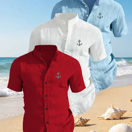 3-Pack Men's Summer Short Sleeve Casual Shirts, Chest Print Design, Lightweight Breathable Solid Stand Collar Button Shirt, Ideal for Beach Poolwear