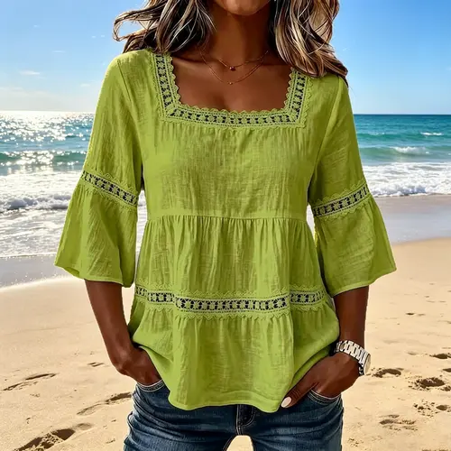 Women's 2020 New Summer Solid Color Cotton-Linen Cover Up, Square Neck, Lace Trim, 3-Quarter Short Sleeve, Casual Swimwear Surfwear Cover-Up