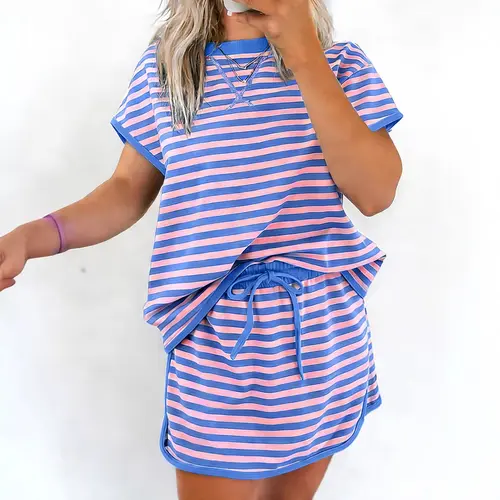 Women's 2-Piece Striped Lounge Set, Casual Drop Shoulder Short Sleeve Top & Drawstring Skort, Summer Trendy Matching Women's Clothes Plus Size Sets, 2 Piece Sets Women, Matching Sets For Women