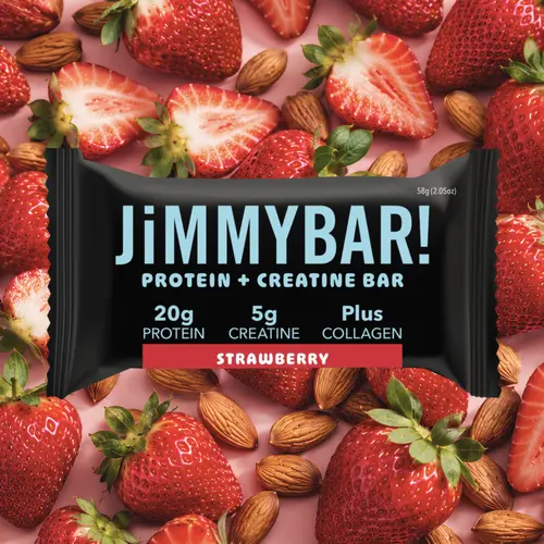 JiMMYBAR! Strawberry Creatine Collagen Nutrition Bar - 20g Protein, 5g Creatine Monohydrate - Gluten-Free, Peanut-Free - 12/24 Count Box - Natural Ingredients, Homemade Almond Butter Base - Youth Muscle Gain, Energy Snack