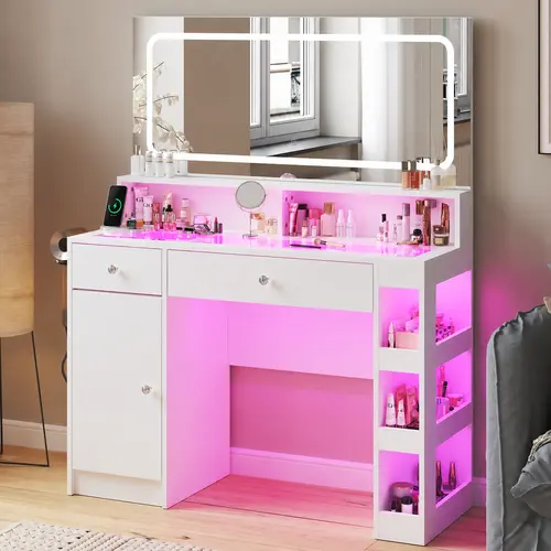 CollaredEagle Sturdy White Bedroom Makeup Table Set – LED Lighted Mirror Vanity Desk, Rotating Mirror, Glass Top, Storage Drawers, Power Outlet, Adjustable Brightness, Modern Accent Illuminated Vanity Station (LED Lights Included, Chair Included)