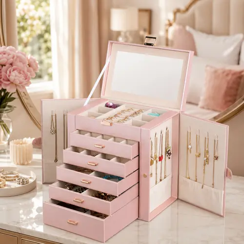 BOOVO Jewelry Box For women, 6 Layer Large Jewelry Organizer With Mirror, Multi-Function Storage Box With Lock, Necklace Holder With 5 Drawers, For Earrings Necklace Bracelet (Rose Gold and Gold)
