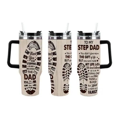 To My Step Dad Tumbler - Thank You for Stepping In Quote Stainless Steel Tumbler with Handle & Straw, Stepfather Appreciation Gift, Fathers Day Gift for Step Dad
