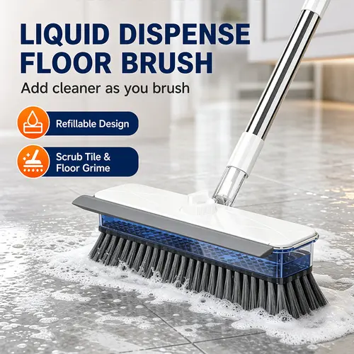 ALL‑in‑1 Liquid Dispensing Floor Scrub Brush with Squeegee, Long Ergonomic Handle Press‑to‑Release Soap Tank Hard Bristle Stand‑Up Scrubber, Multipurpose Deep Clean for Tile, Grout, Bathtub & Bathroom Floors