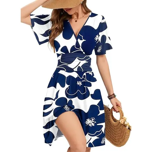 AUSELILY Womens Summer Dresses 2026 Ruffle Sleeve Sexy Sundress Floral V Neck Short Wrap Dress with Pockets