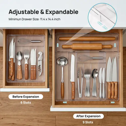 【Utensil Organizer】Vtopmart 1-2Pack Expandable Kitchen Utensil Drawer Organizer, Clear Plastic Food-Safe Cutlery Flatware Organizer, Adjustable Silverware Holder for Spoons Forks Knives