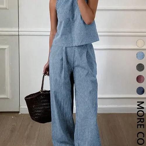 Two-Piece Women's Casual Everyday Summer Striped Lightweight Spaghetti Strap Sleeveless Vest Top & Loose Long Pants Matching Outfit Set, Comfortable Stylish Set