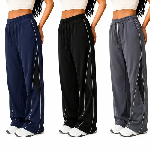 Women’s 3-Pack Polyester Elasticized Fabric Lightweight Stretchy Loose Wide-Leg Sports Pants - Elastic Waist Drawstring, Side Stripes, Colorblock Design, for Spring/Summer, Urban Streetwear, Casual Lounge, Drop Pants, Urban Streetwear Pants, Lightweight T
