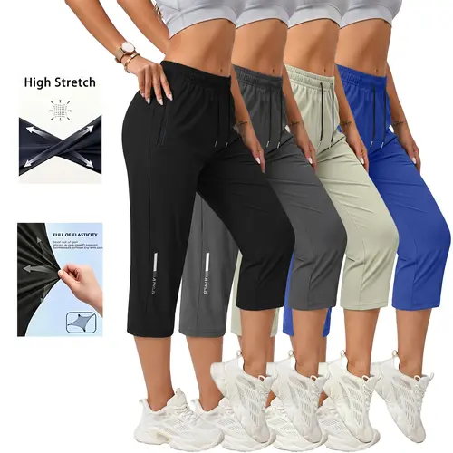4-pack women’s casual, comfortable loose pants—recommended for summer beach trips and vacations; includes pockets, stretchy fabric, and a summery vibe; seven-eighths length for women. Activewear Athletic