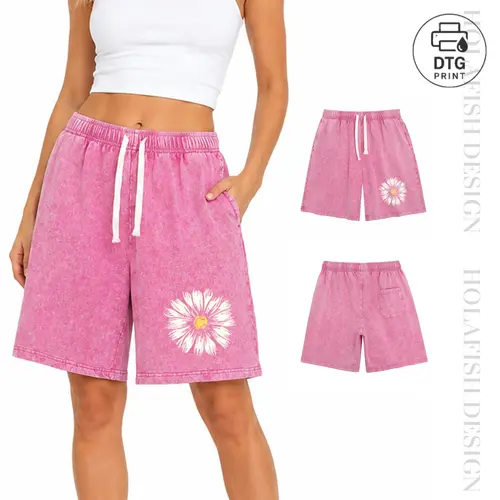 Holafish Women's Acid Wash Cotton-Blend Printed Shorts with Drawstring and Pockets, Casual Loose Fit Washed Shorts,back to school shopping